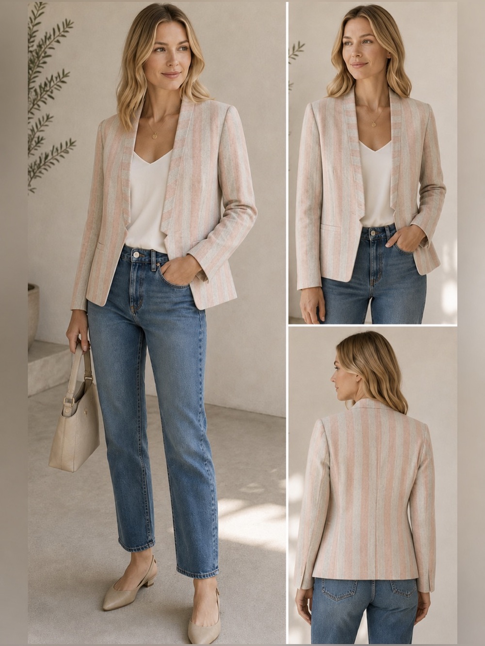 Current Air Pink Beige Striped Linen Blend Open Front Blazer Jacket